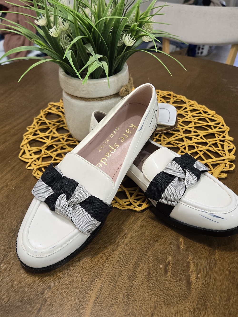 kate spade White Patent Loafers with Black & Gray Bow Accent
